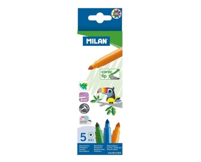 Milan Pack de 5 Rotuladores - Punta Conica 5mm - Tinta al Agua - Lavable - Colores Surtidos
