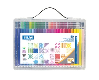 Milan Pack de 50 Rotuladores - Maletin de Transporte - Punta Conica de 5mm - Colores Surtidos
