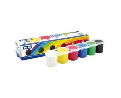 Milan Pack de 6 Botes de Tempera 25ml + 1 Pincel Serie 101 - Secado Rapido - Mezclable - Colores Surtidos