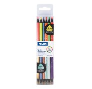 Milan Pack de 6 Lapices Bicolores Triangulares - Mina de 2.9mm - Forma Ergonomica - Resistente a la Rotura - Colores Fluo y Metalizados