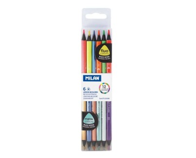 Milan Pack de 6 Lapices Bicolores Triangulares - Mina de 2.9mm - Forma Ergonomica - Resistente a la Rotura - Colores Fluo y Metalizados