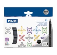 Milan Pack de 6 Rotuladores Punta Pincel Colores Metalizados - Tinta al Agua - Punta de Pincel 0.5 a 6mm - Colores Surtidos