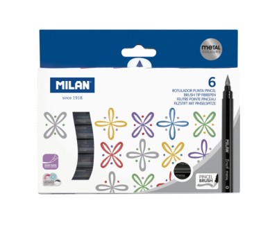 Milan Pack de 6 Rotuladores Punta Pincel Colores Metalizados - Tinta al Agua - Punta de Pincel 0.5 a 6mm - Colores Surtidos
