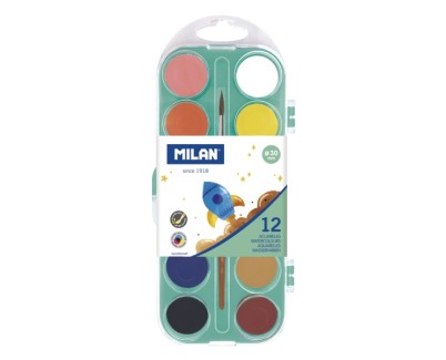 Milan Paleta de 12 Acuarelas Opacas de 30mm - Practico Estuche - Incluye Pincel - Colores Surtidos