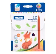 Milan Plastipastel Pack de 12 Ceras de Colores Triangulares - Contiene 2 Ceras Fluo - Colores Surtidos
