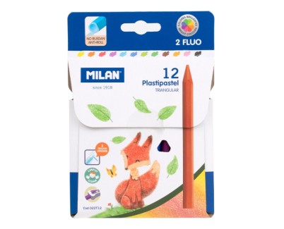 Milan Plastipastel Pack de 12 Ceras de Colores Triangulares - Contiene 2 Ceras Fluo - Colores Surtidos