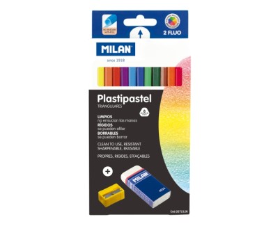 Milan Plastipastel Pack de 12 Ceras de Colores Triangulares - Incluye Goma y Sacapuntas - Bandeja Interior - Colores Surtidos