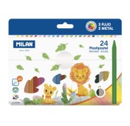 Milan Plastipastel Pack de 24 Ceras de Colores Redondas - Contiene 3 Ceras Fluo y 2 Metal - Colores Surtidos