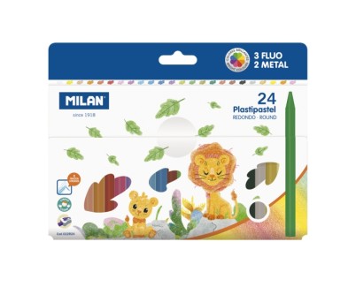 Milan Plastipastel Pack de 24 Ceras de Colores Redondas - Contiene 3 Ceras Fluo y 2 Metal - Colores Surtidos