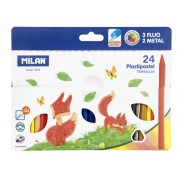 Milan Plastipastel Pack de 24 Ceras de Colores Triangulares - Contiene 3 Ceras Fluo y 2 Metal - Colores Surtidos