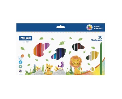 Milan Plastipastel Pack de 30 Ceras de Colores Redondas - Contiene 3 Ceras Fluo y 2 Metal - Colores Surtidos