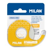 Milan Portarrollos con Cinta Adhesiva de Doble Cara - Hoja de Corte Metalica - 15mm x 10m - Color Amarillo