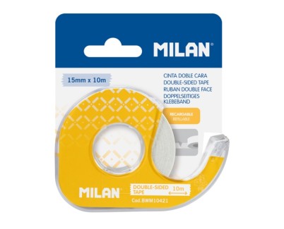 Milan Portarrollos con Cinta Adhesiva de Doble Cara - Hoja de Corte Metalica - 15mm x 10m - Color Amarillo