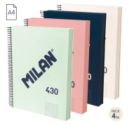 Milan Serie 1918 Pack de 4 Cuadernos Espiral Formato A4 Cuadricula 5x5mm - 120 Hojas de 95 gr/m2 - Microperforado, 4 Taladros - Colores Surtidos