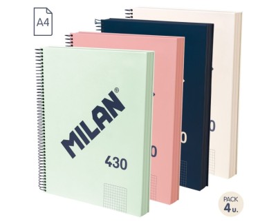 Milan Serie 1918 Pack de 4 Cuadernos Espiral Formato A4 Cuadricula 5x5mm - 120 Hojas de 95 gr/m2 - Microperforado, 4 Taladros - Colores Surtidos