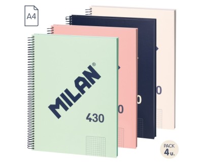 Milan Serie 1918 Pack de 4 Cuadernos Espiral Formato A4 Cuadricula 5x5mm - 80 Hojas de 95 gr/m2 - Microperforado, 4 Taladros - Colores Surtidos