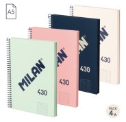 Milan Serie 1918 Pack de 4 Cuadernos Espiral Formato A5 Cuadricula 5x5mm - 80 Hojas de 95 gr/m2 - Microperforado, 2 Taladros - Colores Surtidos