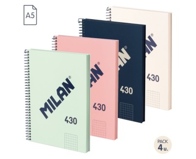 Milan Serie 1918 Pack de 4 Cuadernos Espiral Formato A5 Cuadricula 5x5mm - 80 Hojas de 95 gr/m2 - Microperforado, 2 Taladros - Colores Surtidos