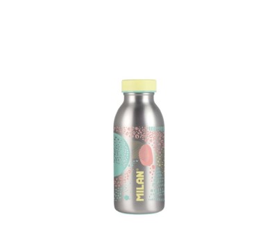 Milan Serie Silver Botella Isotermica 0.35L - Doble Pared de Acero Inoxidable - Liquidos Calientes hasta 12h, Frios hasta 24h - Color Plata/Amarillo