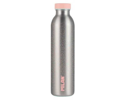 Milan Serie Silver Botella Isotermica 0.59L - Doble Pared de Acero Inoxidable - Liquidos Calientes hasta 12h, Frios hasta 24h - Color Plata/Rosa