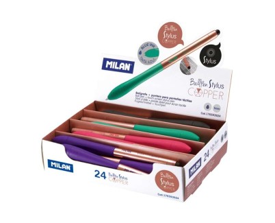 Milan Stylus Copper Expositor de 24 Boligrafos de Bola Retractiles - Punta 1mm - Puntero para Pantalla Tactil - Cuerpo de Colores Surtidos - Color de Tinta Azul