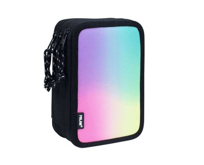 Milan Sunset Plumier de 3 Pisos con Goma de Borrar, Sacapuntas, Lapiz, 3 Boligrafos Capsule, Regla, 12 Lapices de Colores, 6 Lapices de Colores Metalizados, 5 Fluorescentes, Tijeras y 18 Rotuladores - Color Negro