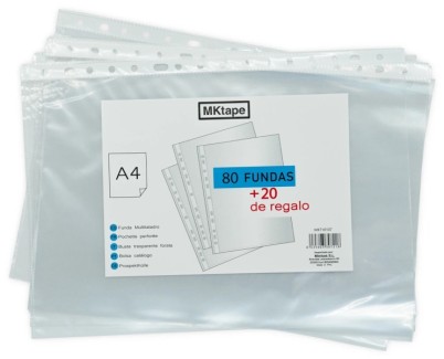 MKtape Pack de 100 Fundas Multitaladro Portadocumentos - Formato A4 - 0.5 Micras - Color Transparente