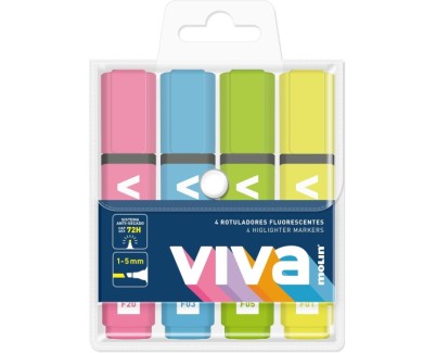 Molin Viva Pack de 4 Marcadores Fluorescentes - Trazo entre 1 y 5mm - Tinta con Base de Agua - Colores Surtidos