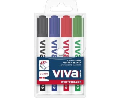 Molin Viva Pack de 4 Rotuladores para Pizarra Blanca - Punta Redonda de Fibra Sintetica - Trazo 3mm - Tinta con Base de Alcohol - Colores Surtidos