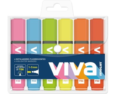 Molin Viva Pack de 6 Marcadores Fluorescentes - Trazo entre 1 y 5mm - Tinta con Base de Agua - Colores Surtidos