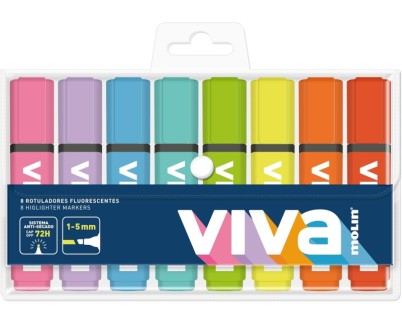 Molin Viva Pack de 8 Marcadores Fluorescentes - Trazo entre 1 y 5mm - Tinta con Base de Agua - Colores Surtidos
