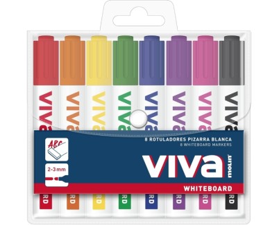 Molin Viva Pack de 8 Rotuladores para Pizarra Blanca - Punta Redonda de Fibra Sintetica - Trazo 3mm - Tinta con Base de Alcohol - Colores Surtidos