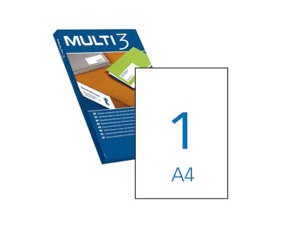 Multi3 Pack de 100 Etiquetas Blancas Cantos Rectos Tamaño 210.0X297.0mm con Adhesivo Permanente para Multiples Usos