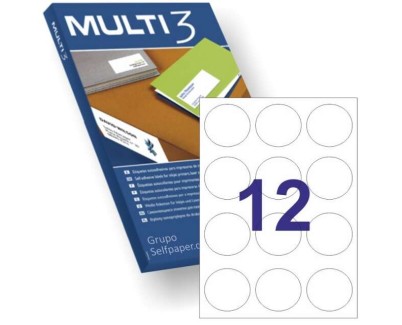 Multi3 Pack de 1200 Etiquetas Redondas 60mm de Diametro - 100 Hojas x 12 Etiquetas - Aptas para Imprimir Laser y Tinta - Color Blanco