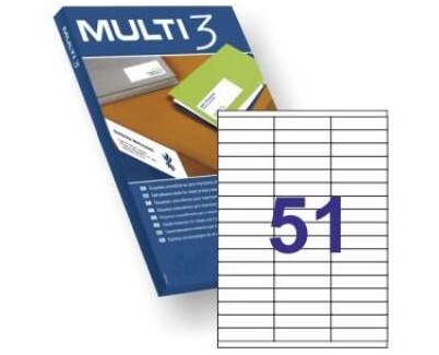 Multi3 Pack de 5100 Etiquetas Blancas Tamaño 70x16.9mm - 100 Hojas x 51 Etiquetas - Aptas para Imprimir Laser y Tinta