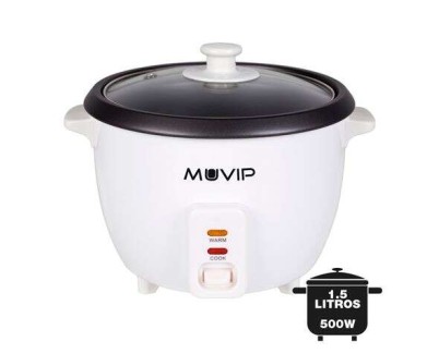 Muvip Arrocera - Capacidad 1.5 Litros - Potencia 500W - Sistema de Coccion y Calentamiento - Recipiente Interior de Aluminio Antiadherente - Tapa de Cristal - Color Blanco