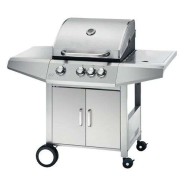 Muvip Barbacoa Gas Inox 4 Fuegos - Estructura de Acero Inoxidable - 3 Fuegos Centrales + 1 Fuego Lateral - 2 Rejillas Esmaltadas - Bandeja Lateral - Asa Tacto Frio - Ruedas de Transporte - Color Plateado