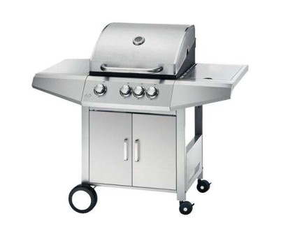 Muvip Barbacoa Gas Inox 4 Fuegos - Estructura de Acero Inoxidable - 3 Fuegos Centrales + 1 Fuego Lateral - 2 Rejillas Esmaltadas - Bandeja Lateral - Asa Tacto Frio - Ruedas de Transporte - Color Plateado