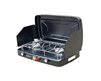 Muvip Cocina de Gas 2 Fuegos + Protectores Contra Viento - Protectores contra el Viento - Base Antideslizante - Color Negro