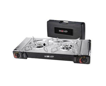 Muvip Cocina de Gas Portatil 2 Fuegos - Doble Bombona - Encendido Automatico - Quemador de Aluminio - Valvula de Doble Sellado - Proteccion Contra Sobretension - Maleta de Transporte