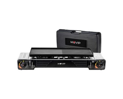 Muvip Cocina de Gas Portatil 2 Fuegos - Doble Bombona - Encendido Automatico - Quemador de Aluminio - Valvula de Doble Sellado - Proteccion Contra Sobretension - Plancha de Asado + Maleta de Transporte