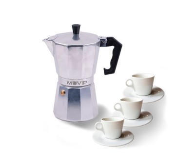 Muvip MV0600 Cafetera de Aluminio - Capacidad 3 Tazas - Mango Ergonomico - Antiadherente - Apta para Placas Electricas, Vitroceramicas y Gas - Color Aluminio