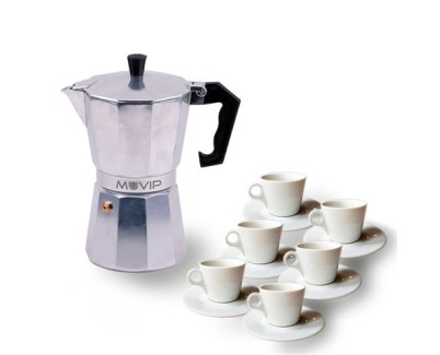 Muvip MV0601 Cafetera de Aluminio - Capacidad 6 Tazas - Mango Ergonomico - Antiadherente - Apta para Placas Electricas, Vitroceramicas y Gas - Color Aluminio