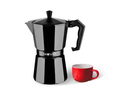 Muvip MV0603 Cafetera de Aluminio - Capacidad 1 Taza - Mango Ergonomico - Antiadherente - Apta para Placas Electricas, Vitroceramicas y Gas - Color Negro Mate