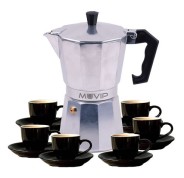 Muvip MV0604 Cafetera de Aluminio - Capacidad 6 Tazas - Mango de Baquelita Termoresistente Ergonomico - Apta para Placas Electricas, Vitroceramicas, Gas e Induccion - Color Aluminio