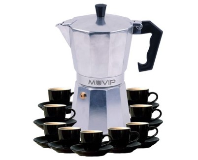 Muvip MV0605 Cafetera de Aluminio - Capacidad 9 Tazas - Mango de Baquelita Termoresistente Ergonomico - Apta para Placas Electricas, Vitroceramicas, Gas e Induccion - Color Aluminio
