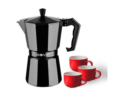 Muvip MV0606 Cafetera de Aluminio - Capacidad 3 Tazas - Mango Ergonomico - Antiadherente - Apta para Placas Electricas, Vitroceramicas y Gas - Color Negro Mate