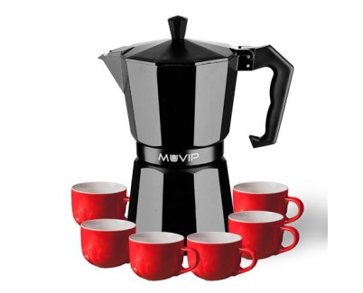 Muvip MV0607 Cafetera de Aluminio - Capacidad 6 Tazas - Mango Ergonomico - Antiadherente - Apta para Placas Electricas, Vitroceramicas y Gas - Color Negro Mate