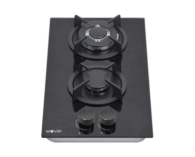 Muvip MV0627 Cocina de Gas Encastrable - 2 Zonas de Coccion de 26cm - Quemador y Soportes de Hierro Fundido - Cristal Templado de Alta Resistencia - Sistema de Encendido Electrico - Dispositivo de Seguridad Apagado de Llama