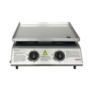 Muvip Plancha de Asar de Gas - 2 Quemadores - Panel de Control y Plancha de Acero - Bandeja Recoge Grasas - Llama Regulable - Superficie Antiadherente